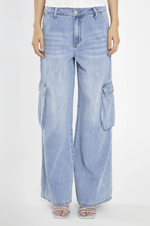 Glamorous Wide Leg Jeans|Wide Leg Trousers|Light Stonewash Wide Leg Cargo Jeans -