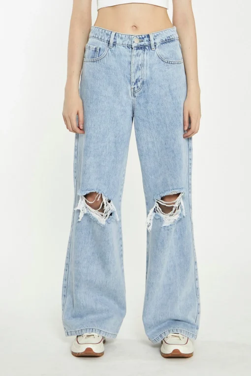 Glamorous Chic Escapes|Ripped & Distressed Jeans|Light Stonewash Wide-Leg Ripped Jeans -
