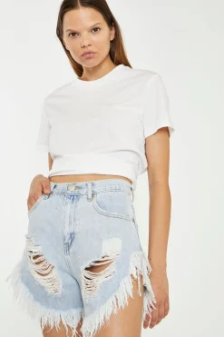 Glamorous Chic Escapes|Denim Shorts|Light-Blue Bleached High-Waisted Distressed Denim Shorts -