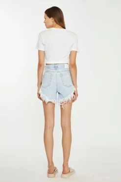 Glamorous Chic Escapes|Denim Shorts|Light-Blue Bleached High-Waisted Distressed Denim Shorts -