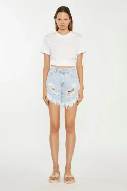 Glamorous Chic Escapes|Denim Shorts|Light-Blue Bleached High-Waisted Distressed Denim Shorts -