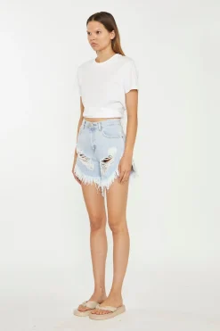 Glamorous Chic Escapes|Denim Shorts|Light-Blue Bleached High-Waisted Distressed Denim Shorts -