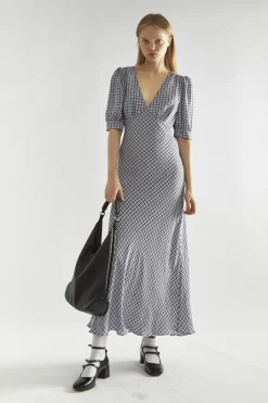 Glamorous Day Dresses|Midi & Midaxi Dresses|Light-Blue Check V-neck Midi Tea-Dress -