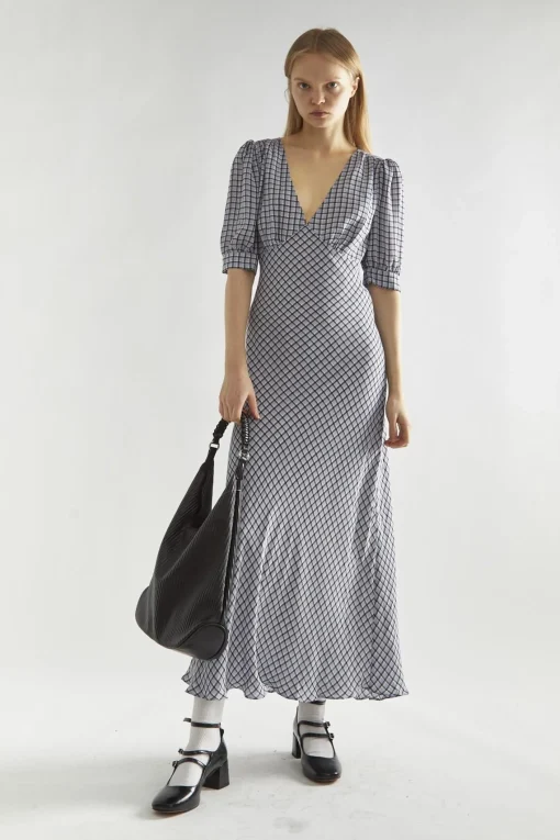 Glamorous Day Dresses|Midi & Midaxi Dresses|Light-Blue Check V-neck Midi Tea-Dress -