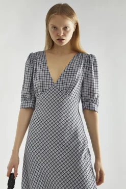 Glamorous Day Dresses|Midi & Midaxi Dresses|Light-Blue Check V-neck Midi Tea-Dress -