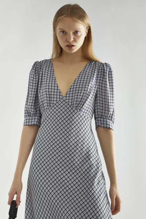Glamorous Day Dresses|Midi & Midaxi Dresses|Light-Blue Check V-neck Midi Tea-Dress -