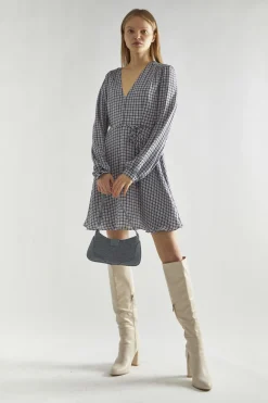 Glamorous Day Dresses|Mini Dresses|Light-Blue Check V-Neck Mini-Dress -