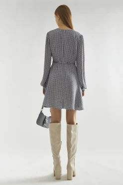 Glamorous Day Dresses|Mini Dresses|Light-Blue Check V-Neck Mini-Dress -