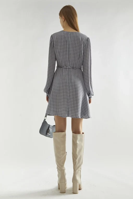 Glamorous Day Dresses|Mini Dresses|Light-Blue Check V-Neck Mini-Dress -