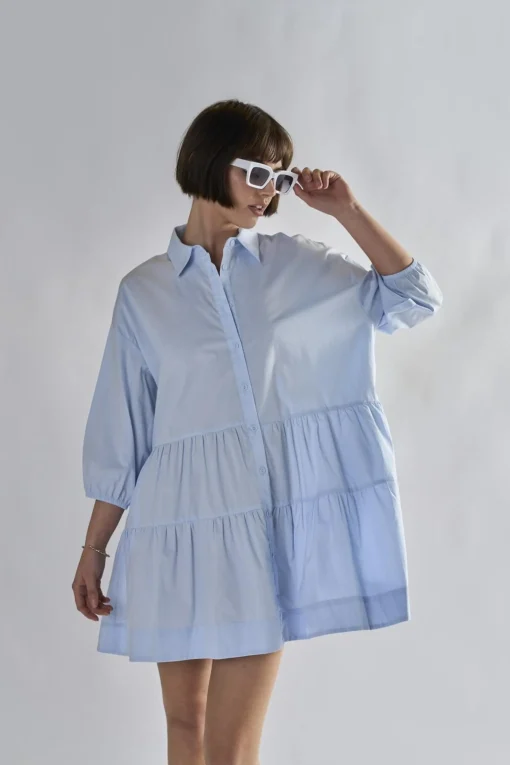 Glamorous Day Dresses|Mini Dresses|Light-Blue Collared-Skater-Mini-Dress -