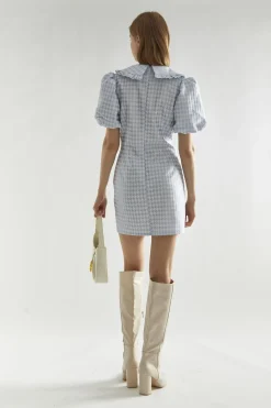 Glamorous Day Dresses|Mini Dresses|Light-Blue Houndstooth Statement-Collar Mini-Dress -