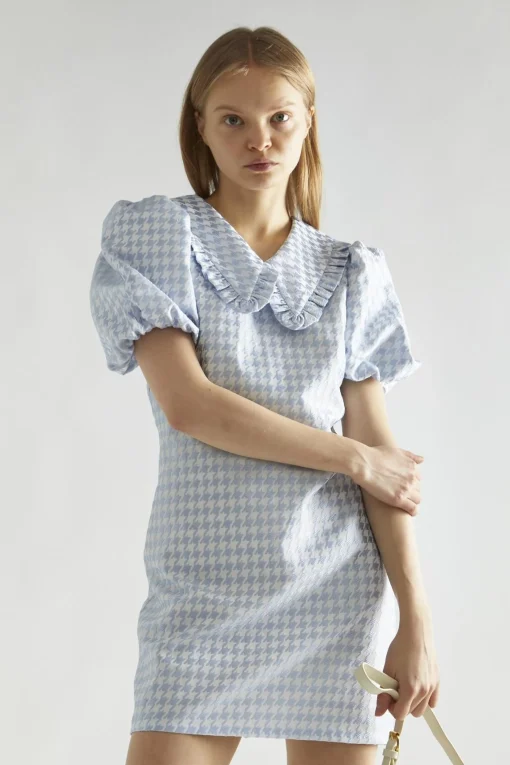 Glamorous Day Dresses|Mini Dresses|Light-Blue Houndstooth Statement-Collar Mini-Dress -