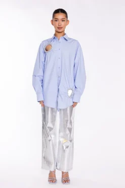 Glamorous Going Out Tops|Blouses & Shirts|Light-Blue Rhinestone Cut-Out -Shirt -