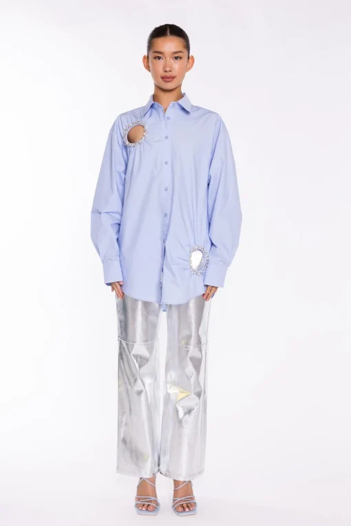 Glamorous Going Out Tops|Blouses & Shirts|Light-Blue Rhinestone Cut-Out -Shirt -