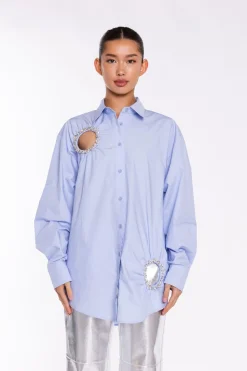 Glamorous Going Out Tops|Blouses & Shirts|Light-Blue Rhinestone Cut-Out -Shirt -