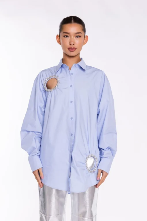 Glamorous Going Out Tops|Blouses & Shirts|Light-Blue Rhinestone Cut-Out -Shirt -