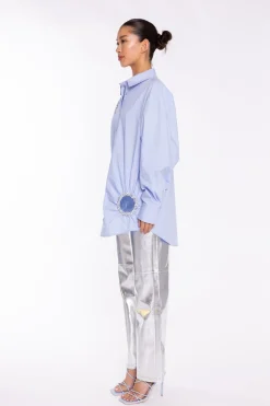 Glamorous Going Out Tops|Blouses & Shirts|Light-Blue Rhinestone Cut-Out -Shirt -