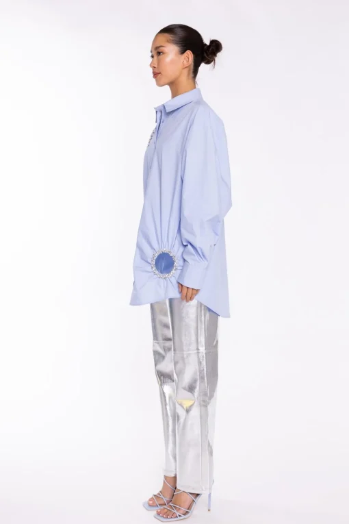 Glamorous Going Out Tops|Blouses & Shirts|Light-Blue Rhinestone Cut-Out -Shirt -