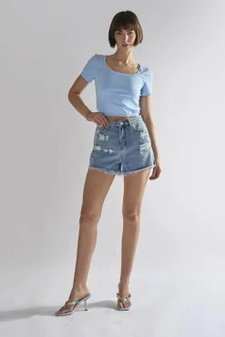 Glamorous Tops & T-shirts|Light-Blue Square-Neck-Crop Tops -