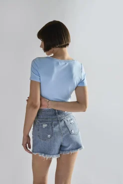 Glamorous Tops & T-shirts|Light-Blue Square-Neck-Crop Tops -