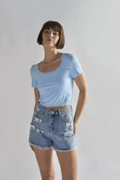 Glamorous Tops & T-shirts|Light-Blue Square-Neck-Crop Tops -