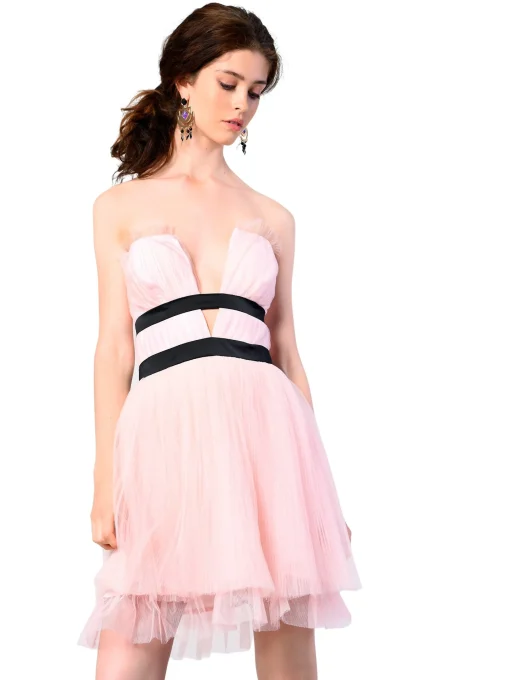 Glamorous Mini Dresses|Mini Dresses|Light-Pink V- Neck Puff Ball Strapless Mini Dress -