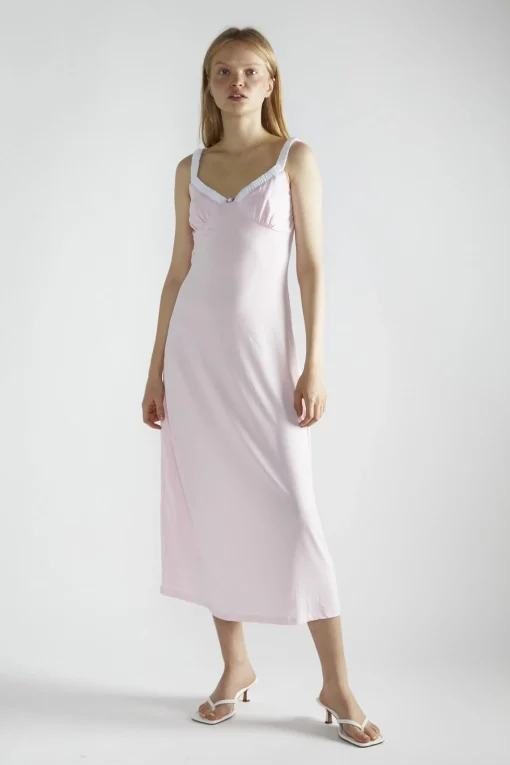 Glamorous Midi & Midaxi Dresses|Midi & Midaxi Dresses|Light-Pink-White V-Neck-Midi-Dresses -