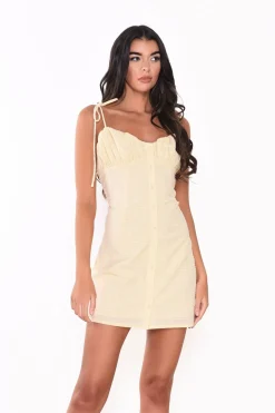 Glamorous Mini Dresses|Mini Dresses|Light-Yellow-Textured Spaghetti-Strap- Mini-Dress -
