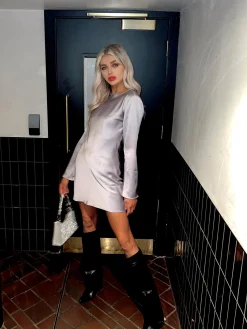 Glamorous Party Dresses|Going Out Dresses|Lilac-Ash Satin Flared-Sleeve Mini-Dress -