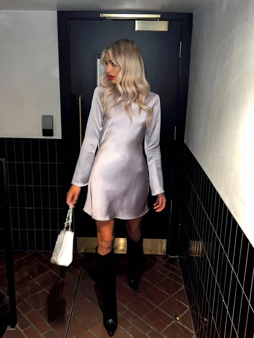 Glamorous Party Dresses|Going Out Dresses|Lilac-Ash Satin Flared-Sleeve Mini-Dress -