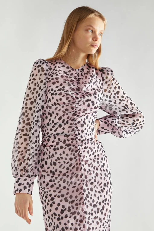 Glamorous Day Dresses|Midi & Midaxi Dresses|Lilac-Dalmatian Ruched-Front Midi-Dress -