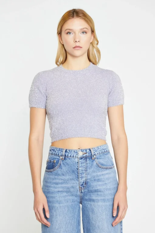 Glamorous Go To Partywear|Crops, Corsets & Bodysuits|Lilac-Glitter Short-Sleeve Knitted Top -