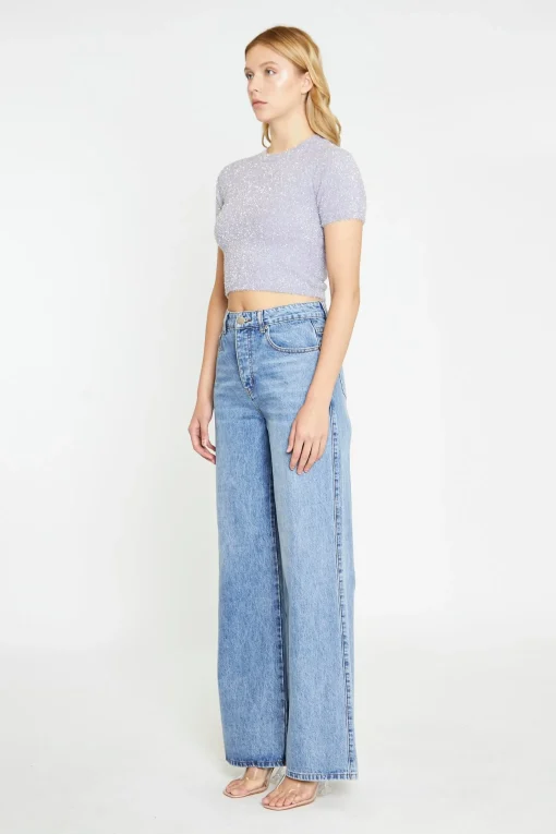 Glamorous Go To Partywear|Crops, Corsets & Bodysuits|Lilac-Glitter Short-Sleeve Knitted Top -