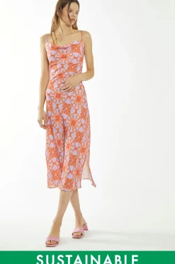 Glamorous Best Dressed Guest|Go To Partywear|Lilac-Orange Tribal Print Cowl-Neck Slip Midi-Dress -