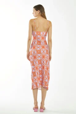 Glamorous Best Dressed Guest|Go To Partywear|Lilac-Orange Tribal Print Cowl-Neck Slip Midi-Dress -