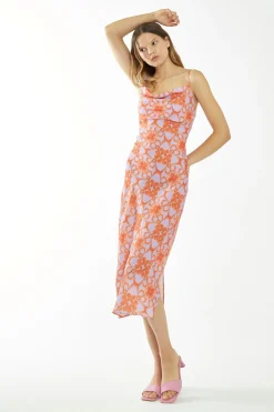 Glamorous Best Dressed Guest|Go To Partywear|Lilac-Orange Tribal Print Cowl-Neck Slip Midi-Dress -
