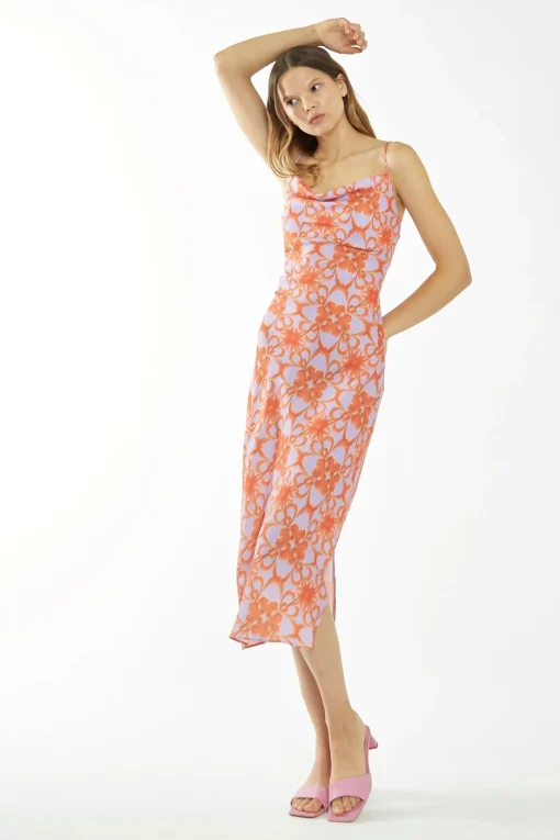Glamorous Best Dressed Guest|Go To Partywear|Lilac-Orange Tribal Print Cowl-Neck Slip Midi-Dress -