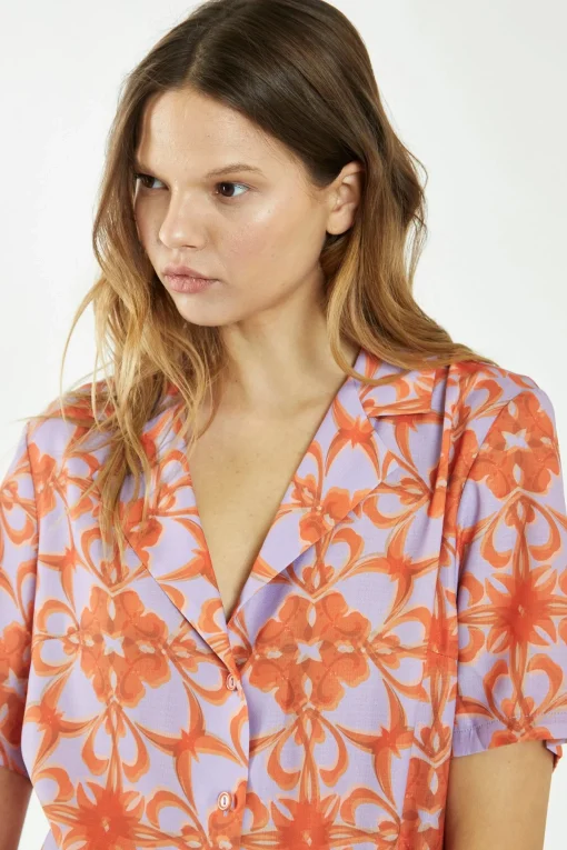 Glamorous Glamorous Care: Our Sustainable Collection|Co-ords|Lilac-Orange Tribal Print Collared Shirt -