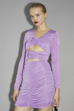 Glamorous Party Dresses|Going Out Dresses|Lilac-Orchid Rose-Applique Ruched Mini-Dress -
