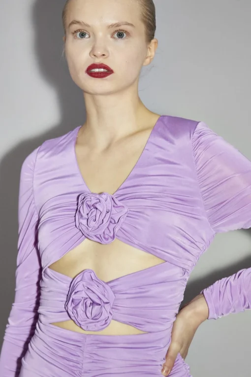 Glamorous Party Dresses|Going Out Dresses|Lilac-Orchid Rose-Applique Ruched Mini-Dress -