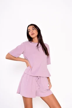 Glamorous Tops & T-shirts|Crops, Corsets & Bodysuits|Lilac-Pink-Velour-Rib Round-Neck Short Sleeve-Top -