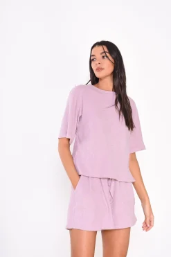 Glamorous Tops & T-shirts|Crops, Corsets & Bodysuits|Lilac-Pink-Velour-Rib Round-Neck Short Sleeve-Top -