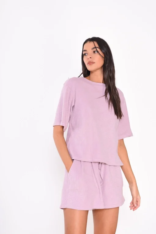 Glamorous Tops & T-shirts|Crops, Corsets & Bodysuits|Lilac-Pink-Velour-Rib Round-Neck Short Sleeve-Top -