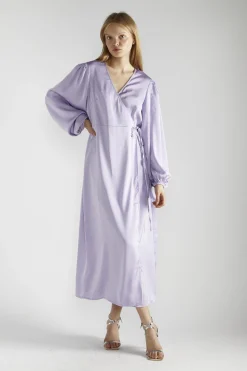 Glamorous Party Dresses|Going Out Dresses|Lilac-Satin Wrap Midi-Dress -