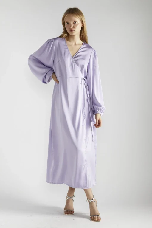 Glamorous Party Dresses|Going Out Dresses|Lilac-Satin Wrap Midi-Dress -