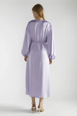 Glamorous Party Dresses|Going Out Dresses|Lilac-Satin Wrap Midi-Dress -