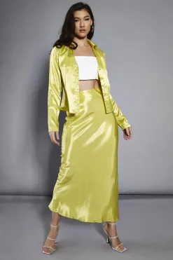 Glamorous Going Out Skirts|Glamorous Studio|Lime Satin Flare Midi-Skirt -