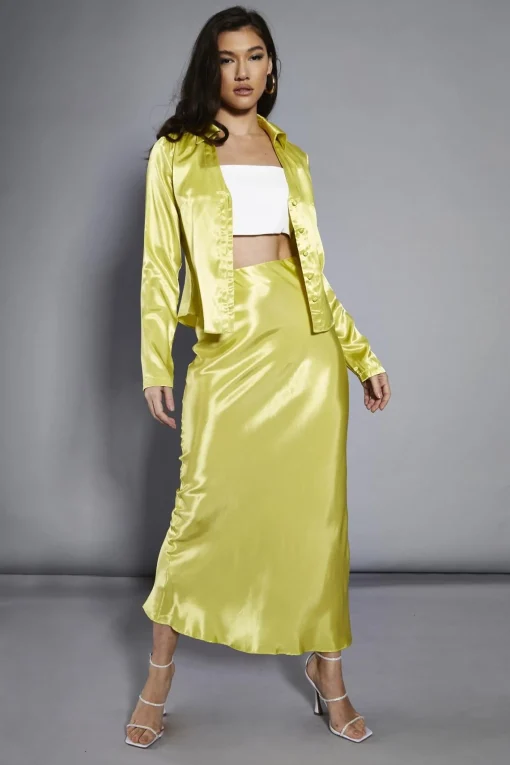 Glamorous Going Out Skirts|Glamorous Studio|Lime Satin Flare Midi-Skirt -