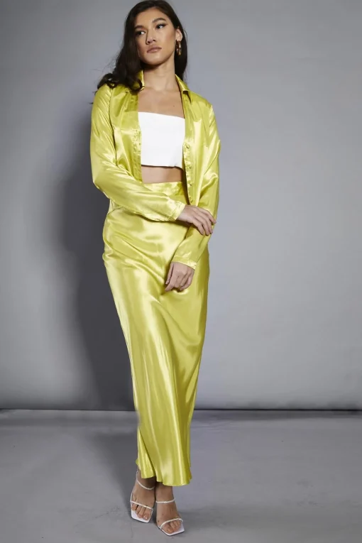 Glamorous Going Out Skirts|Glamorous Studio|Lime Satin Flare Midi-Skirt -