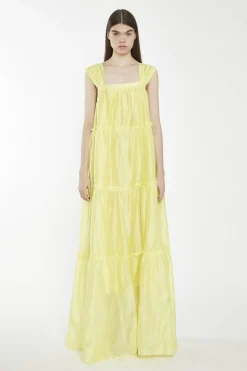 Glamorous Maxi Dresses|Maxi Dresses|Lime Yellow Square-Neck Tiered Maxi-Dress -